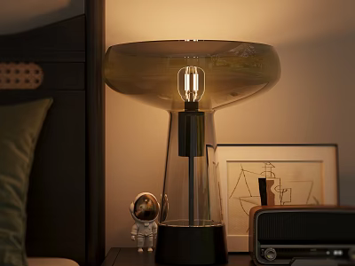Modern Glass Table Lamp With Warm Light On Bedroom Bedside Table 3d model