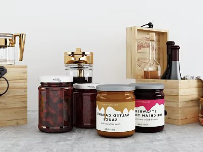Strawberry Rhubarb Apple Jams in Glass Jars with Wooden Boxes and Preserved Food 3d model