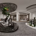 Modern Interior Space With Circular Ceiling Water Feature Central Pine Tree And Comfortable Furniture