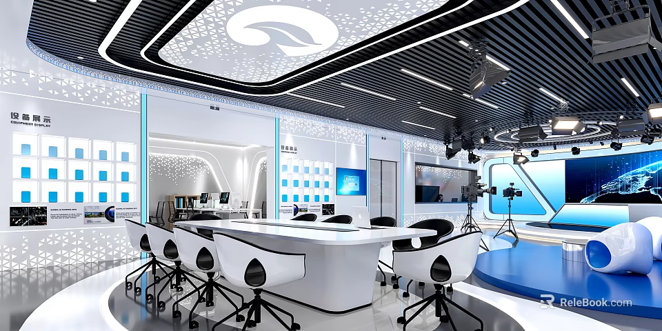 Modern Tech Studio Interior With White Conference Table Black Chairs Blue Screens And Lighting Equipment 3d model 