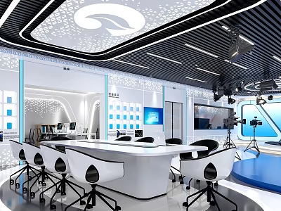 Modern Tech Studio Interior With White Conference Table Black Chairs Blue Screens And Lighting Equipment 3d model