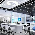 Modern Tech Studio Interior With White Conference Table Black Chairs Blue Screens And Lighting Equipment