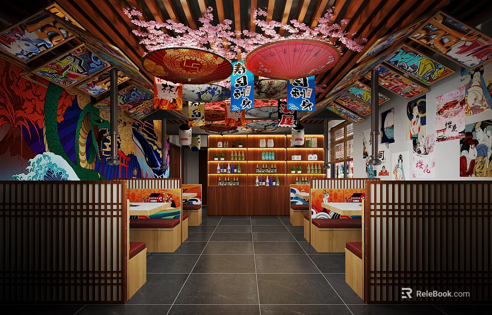 Colorful Japanese Restaurant Interior With Cherry Blossom Decor Red Umbrellas And Wooden Partitions 3d model 