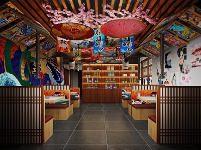 Colorful Japanese Restaurant Interior With Cherry Blossom Decor Red Umbrellas And Wooden Partitions 3d model