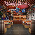 Colorful Japanese Restaurant Interior With Cherry Blossom Decor Red Umbrellas And Wooden Partitions