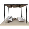 Modern Outdoor Pergola on Patio With White Sofa Green Plants City View And Mountain Backdrop