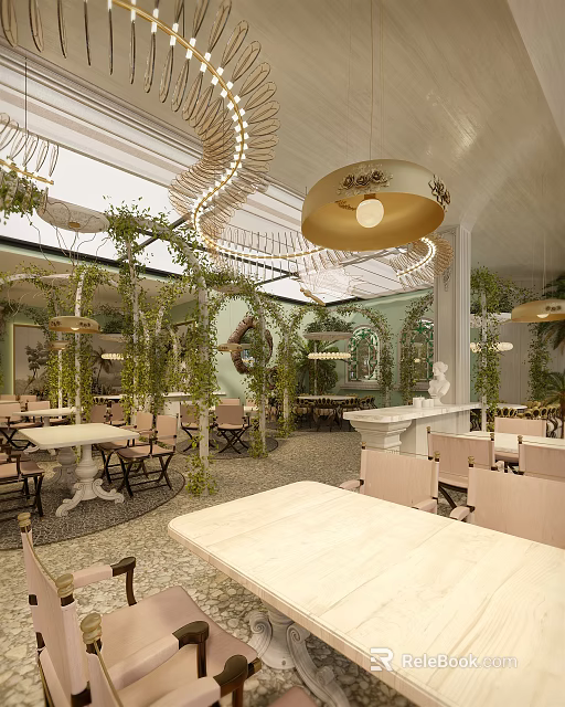Elegant Restaurant Interior Featuring Green Plants Hanging Chandeliers And Wooden Dining Tables 3d model 