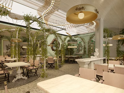 Elegant Restaurant Interior Featuring Green Plants Hanging Chandeliers And Wooden Dining Tables 3d model