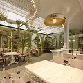 Elegant Restaurant Interior Featuring Green Plants Hanging Chandeliers And Wooden Dining Tables