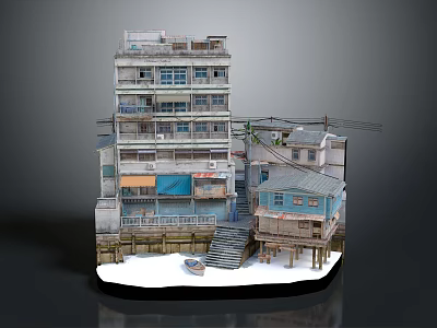Aged Multi Storey Building With Balconies Colored Walls Adjacent Small House Waterfront Staircase And Boat 3d model