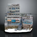 Aged Multi Storey Building With Balconies Colored Walls Adjacent Small House Waterfront Staircase And Boat