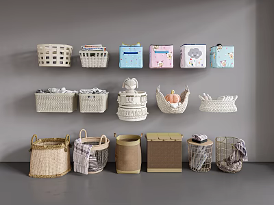 Diverse Style Storage Baskets in Various Materials Displayed on Wall and Floor with Multiple Colors 3d model
