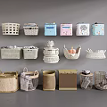 Diverse Style Storage Baskets in Various Materials Displayed on Wall and Floor with Multiple Colors 3d model