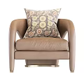 Modern Brown Leather Leisure Chair with Curved Armrests and Patterned Cushion