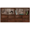 Rustic Brown Wooden Bookshelf With Vintage Textured Backboard And Colorful Books