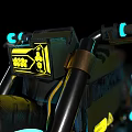 Futuristic Cyberpunk Motorcycle With Neon Wheels Blue Handlebars Yellow Stickers And Copper Exhaust