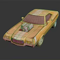Yellow Old Classic Car With Open Hood Exposed Engine And White Stripes