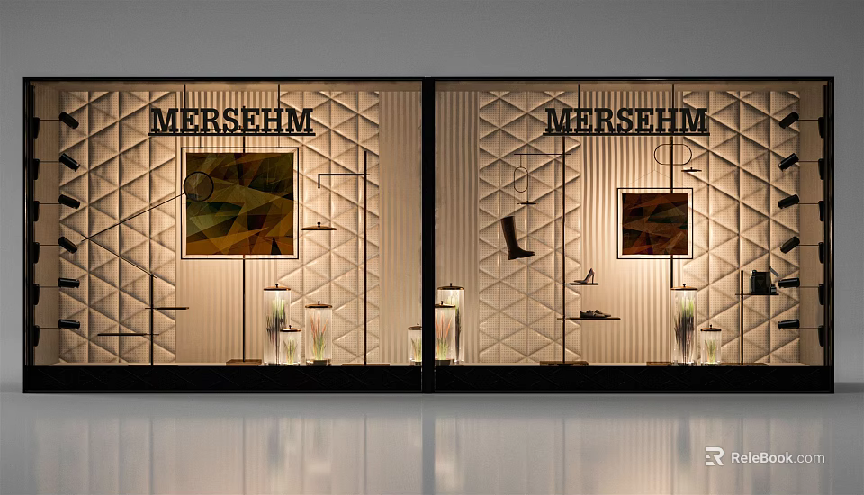 Mersehm Store Window Display With Geometric Patterned Wall Decorative Paintings Display Shelves And Lamps 3d model 