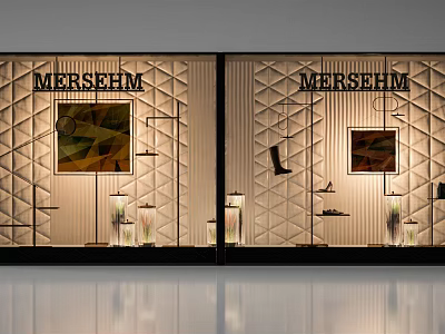 Mersehm Store Window Display With Geometric Patterned Wall Decorative Paintings Display Shelves And Lamps 3d model