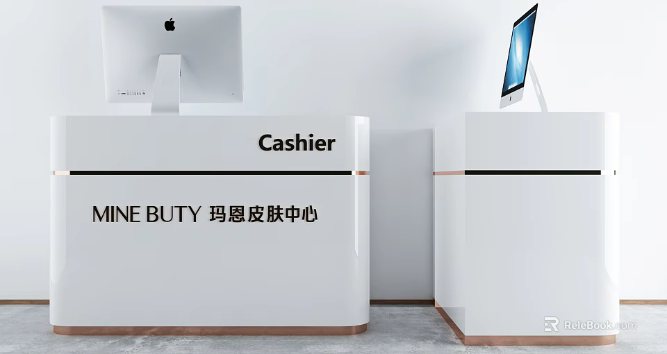 Modern White Reception Desk at MINE BUTY Skin Center with Cashier Sign and Computer Monitors 3d model 