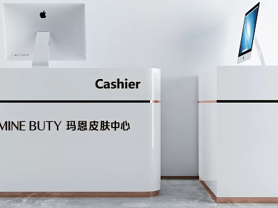 Modern White Reception Desk at MINE BUTY Skin Center with Cashier Sign and Computer Monitors 3d model