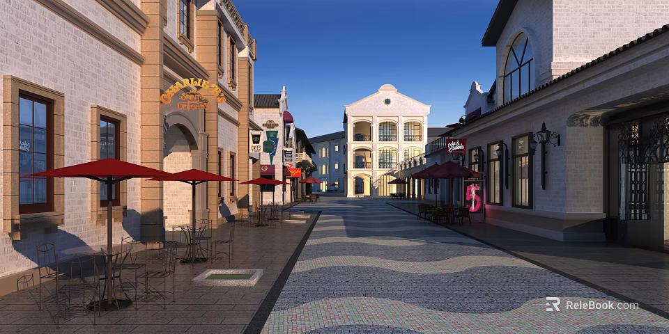 Commercial Street Featuring European Style Buildings Outdoor Dining Areas And Cobblestone Pavement 3d model 