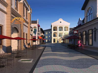 Commercial Street Featuring European Style Buildings Outdoor Dining Areas And Cobblestone Pavement 3d model