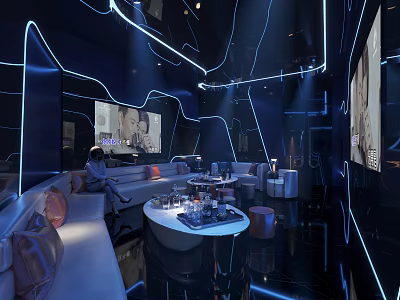 Modern KTV Interior With Comfortable Sofas Round Coffee Table And Lighting Decor Large Screens 3d model