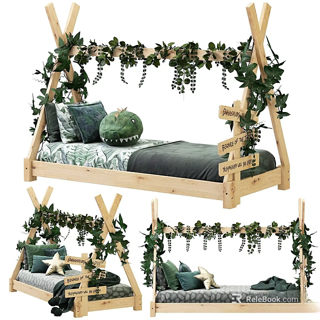 Kids Bed With Wooden Frame Green Vines Decor Adventure Theme Dinosaur Pillow Green Gray Bedding 3d model 