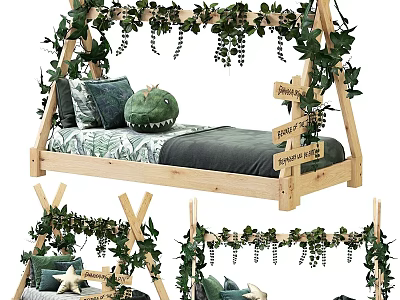 Kids Bed With Wooden Frame Green Vines Decor Adventure Theme Dinosaur Pillow Green Gray Bedding 3d model