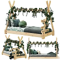 Kids Bed With Wooden Frame Green Vines Decor Adventure Theme Dinosaur Pillow Green Gray Bedding