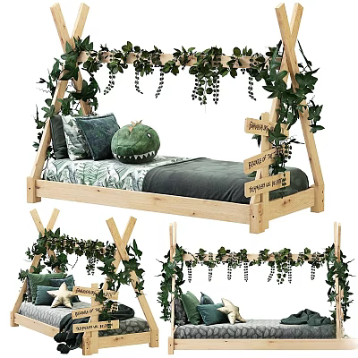 Kids Bed With Wooden Frame Green Vines Decor Adventure Theme Dinosaur Pillow Green Gray Bedding 3d model