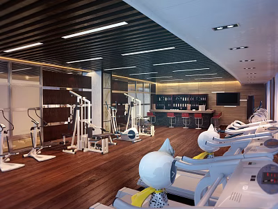 Modern Fitness Gym Interior With Wooden Floor Ceiling Lights Workout Equipment And Bar Counter 3d model