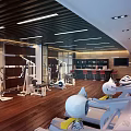 Modern Fitness Gym Interior With Wooden Floor Ceiling Lights Workout Equipment And Bar Counter