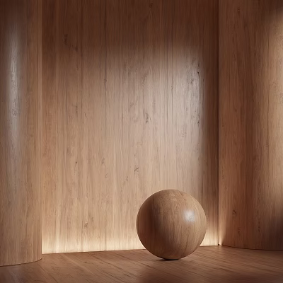 Wooden Sphere Decorative Component In Interior With Smooth Wooden Wall Panel 3d model