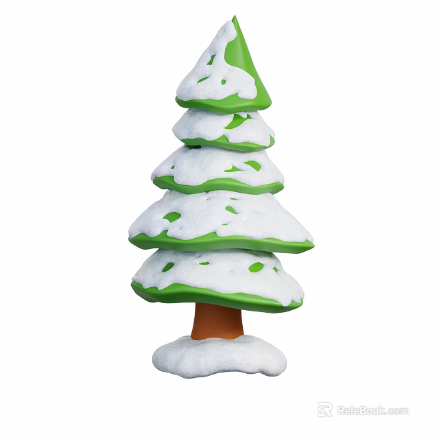 Snow Covered Layered Tree With Green Leaves Brown Trunk And White Base 3d model 