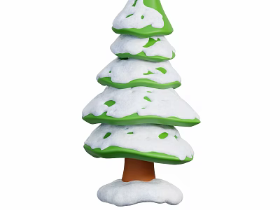 Snow Covered Layered Tree With Green Leaves Brown Trunk And White Base 3d model