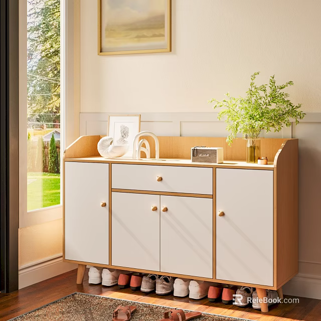 White And Wooden Shoe Cabinet With Drawers And Doors Indoor By Window With Potted Plant 3d model 