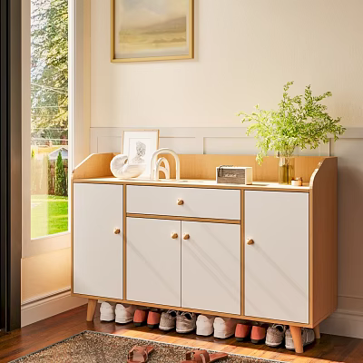White And Wooden Shoe Cabinet With Drawers And Doors Indoor By Window With Potted Plant 3d model