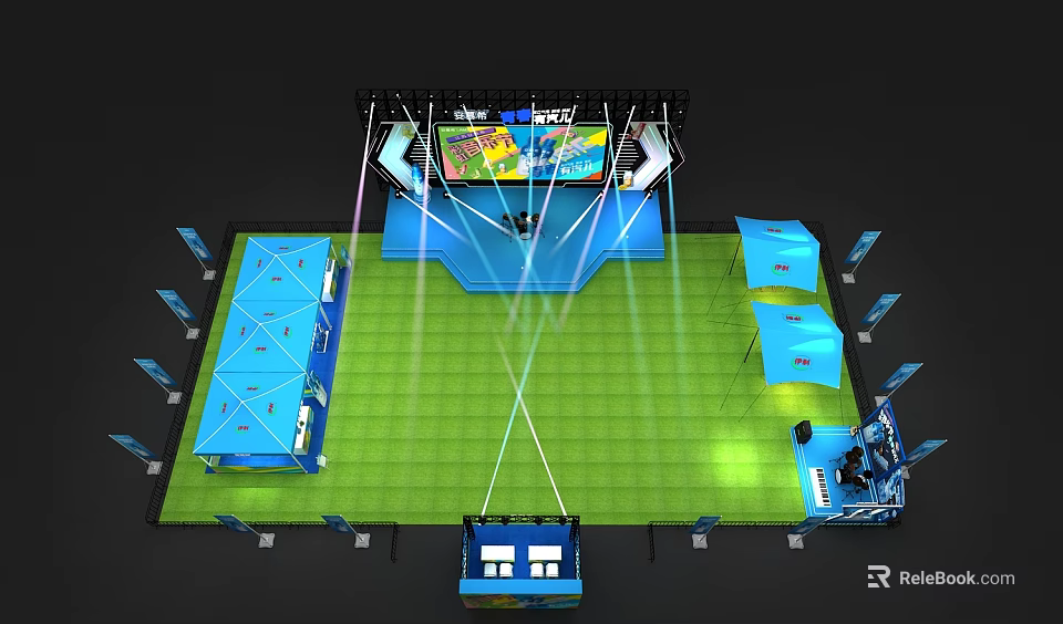 Esports Gaming Stage Setup With Large Screen Green Floor And Blue Structures Lighting Effects 3d model 