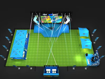Esports Gaming Stage Setup With Large Screen Green Floor And Blue Structures Lighting Effects 3d model