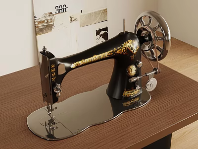 Vintage Black Gold Sewing Machine With Decorative Design And Metal Wheel On Wooden Table 3d model