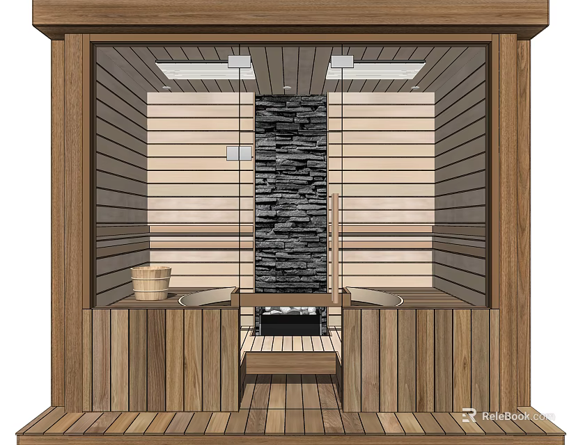 Modern Wooden Shower Sauna Interior Design With Stone Wall And Benches 3d model 