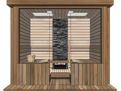 Modern Wooden Shower Sauna Interior Design With Stone Wall And Benches 3d model