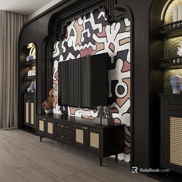 Modern Living Room TV Wall With Colorful Abstract Mural Black Stand Rattan Design Decorative Items 3d model 