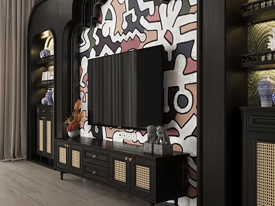 Modern Living Room TV Wall With Colorful Abstract Mural Black Stand Rattan Design Decorative Items 3d model