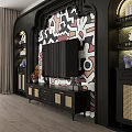 Modern Living Room TV Wall With Colorful Abstract Mural Black Stand Rattan Design Decorative Items