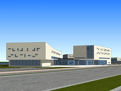 Modern Commercial Building Exterior With Glass Windows Road And Lawn Under Clear Sky 3d model