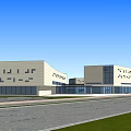 Modern Commercial Building Exterior With Glass Windows Road And Lawn Under Clear Sky