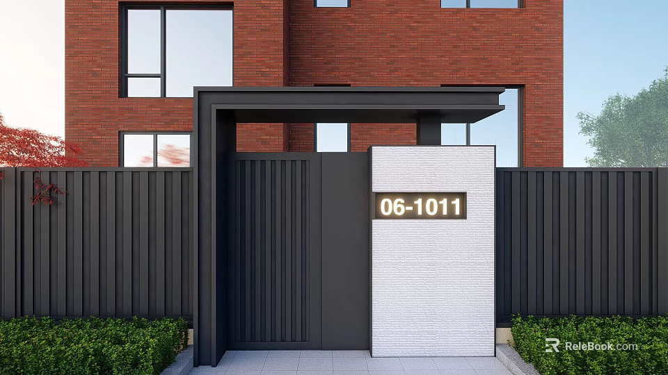 Modern Black and White Gate with Number 061011 Red Brick Building and Green Bushes 3d model 